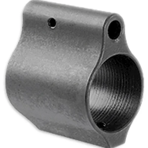 Midwest Low Profile Micro Gas Block, gray angled view showing barrel opening and set-screw hole