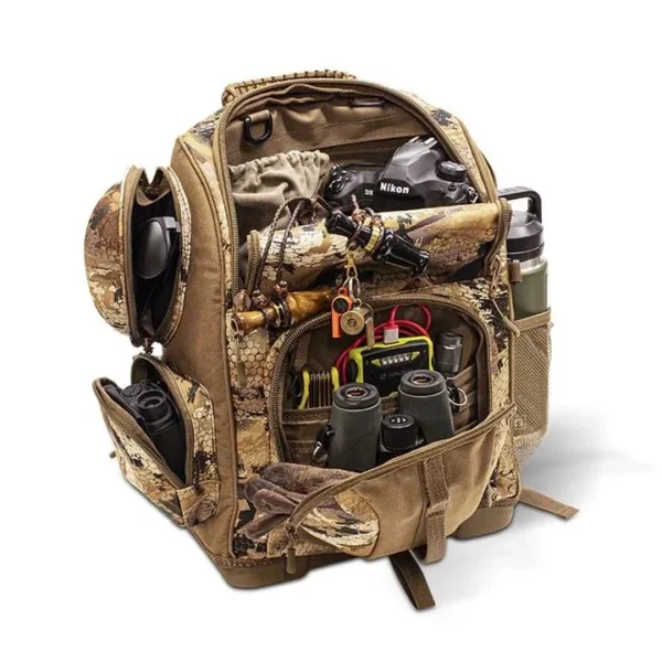 Rig'Em Right Lowdown Floating Backpack in Optifade Marsh, front view open with gear