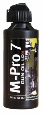 M-PRO 7 LPX Gun Oil 2oz black squeeze bottle, front view with labeled cap