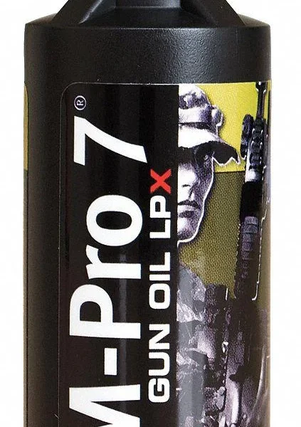M-PRO 7 LPX Gun Oil 2oz black squeeze bottle, front view with labeled cap