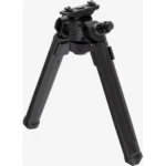MAGPUL BIPOD M-LOK BLK, black bipod in front view with legs extended and mounting hardware