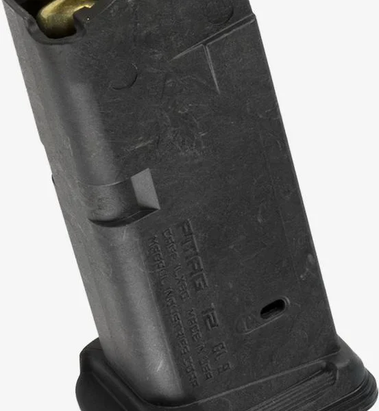 MAGPUL PMAG FOR GLOCK 26 black magazine, angled view with brass cartridges visible at top