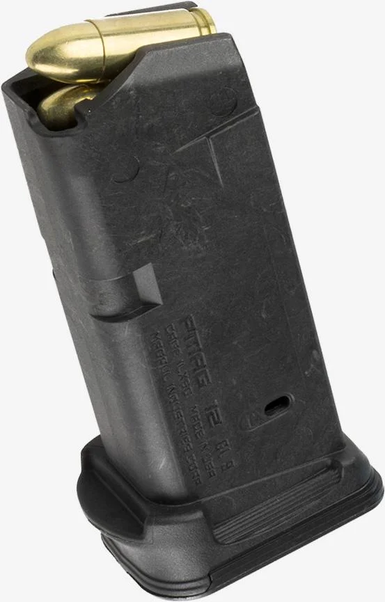 magpul-mag674blk-glock-26-9mm-primary MAGPUL PMAG FOR GLOCK 26 black magazine, angled view with brass cartridges visible at top