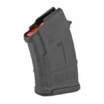 MAGPUL PMAG AK MOE 7.62X39 10RD BLK, curved black magazine with red follower, angled view