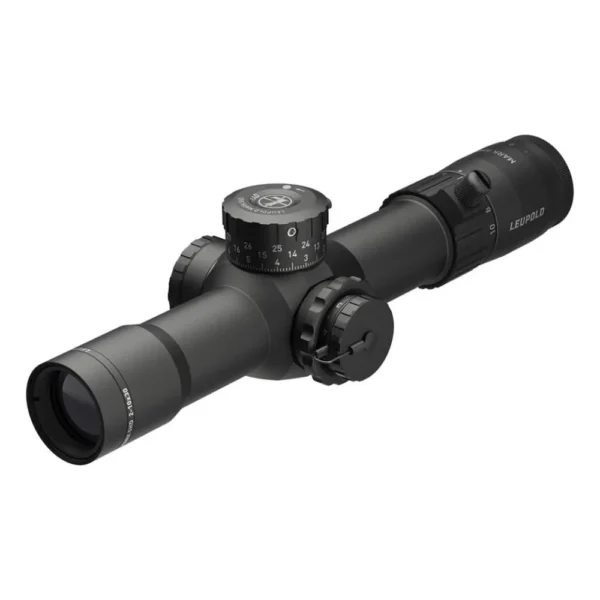 Leupold LEUP MARK 5HD 2-10X30 FFP ILLTMR black scope, angled view with adjustment turrets