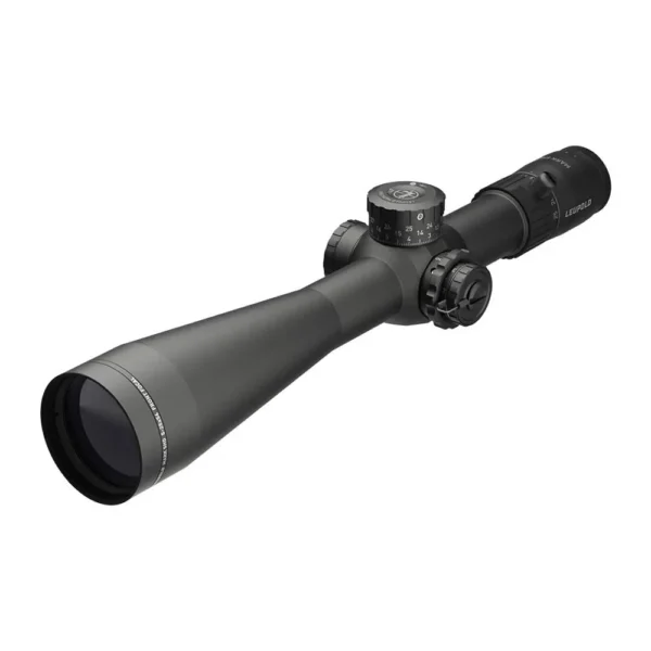 Leupold LEUP MARK 5HD 5-25X56 PR1-MIL IR black scope, angled side view with adjustment turrets
