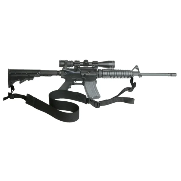 Outdoor Connection Max-Ops Edge Tactical Two-Point Sling, black sling beneath a rifle in side view