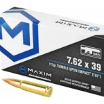 Maxim 762X39 117GR TUI SBA ammunition box with three brass cartridges