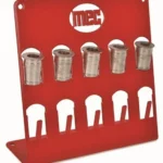 Mayville Engineering Co./Mec MEC Bushing Rack, front view of red metal rack holding five bushings