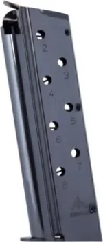 Mec-Gar 1911 Govt Handgun Magazine blued finish, angled side view with numbered witness holes