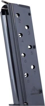 Mec-Gar 1911 Govt Handgun Magazine blued finish, angled side view with numbered witness holes