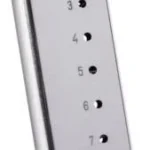 Mec-Gar 1911 Officer silver handgun magazine, front view with witness holes and black buttplate