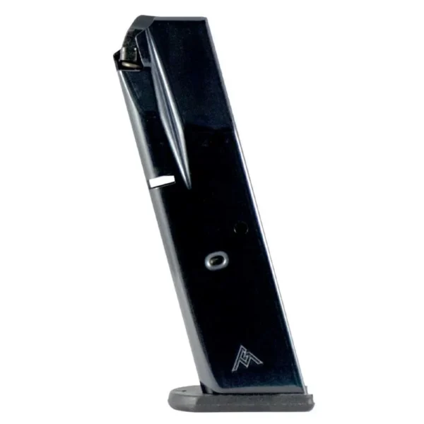 Mec-Gar Beretta 84 Cheetah Magazine, glossy blued body with black base plate, angled side view
