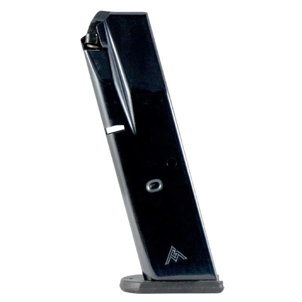 mec-gar-beretta-84-cheetah-380-acp-10-round-magazine-primary Mec-Gar Beretta 84 Cheetah Magazine, glossy blued body with black base plate, angled side view