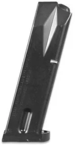 Mec-Gar Beretta 92FS M9 Magazine, upright black metal magazine in three-quarter view