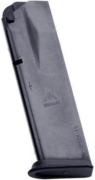 Mec-Gar SIG P228 Magazine, blued steel angled side view with black baseplate