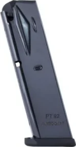 Mec-Gar Taurus PT92/99 Handgun Magazine blued steel in angled side view with black base plate