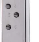 Mec-Gar Walther PPK magazine, nickel, front angled view with witness holes and black baseplate