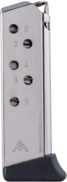 mec-gar-walther-ppk-380-acp-6-round-magazine-nickel-primary Mec-Gar Walther PPK magazine, nickel, front angled view with witness holes and black baseplate