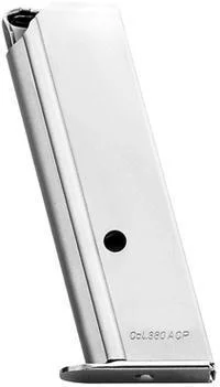 mec-gar-walther-ppks-380-7-round-magazine-nickel-primary Mec-Gar Walther PPK/S nickel magazine, angled side view with standard floorplate