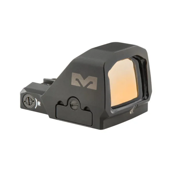 Meprolight MEPRO MPO-F, black reflex sight in angled rear view with amber-tinted window