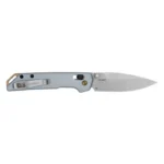 Kershaw Mini Iridium folding knife, ice blue side view with open silver spear point blade