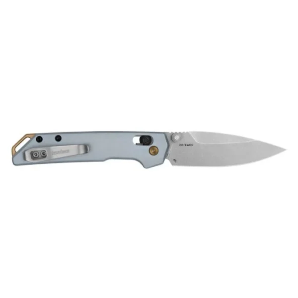 Kershaw Mini Iridium folding knife, ice blue side view with open silver spear point blade