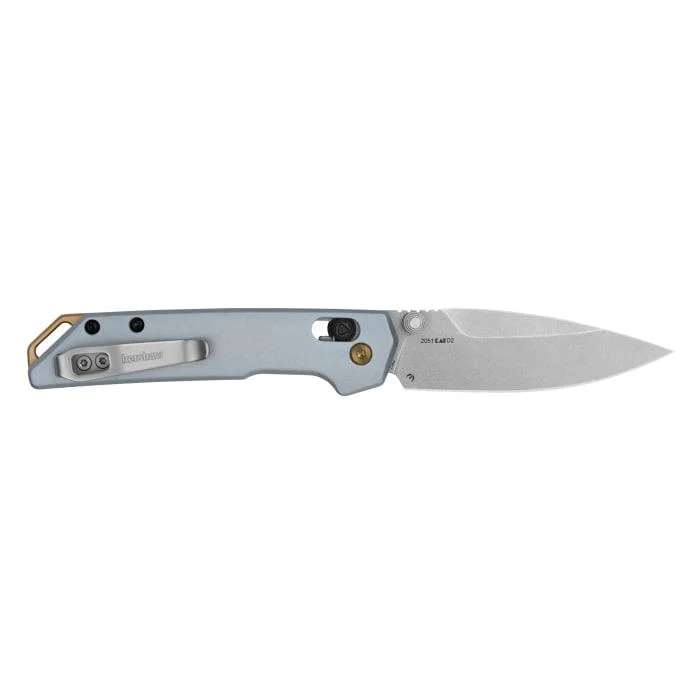 mini-iridium-folding-knife-primary Kershaw Mini Iridium folding knife, ice blue side view with open silver spear point blade