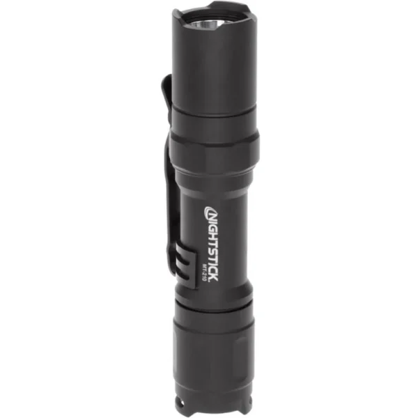 Nightstick Aluminum Mini-TAC Pro flashlight, black upright view with pocket clip