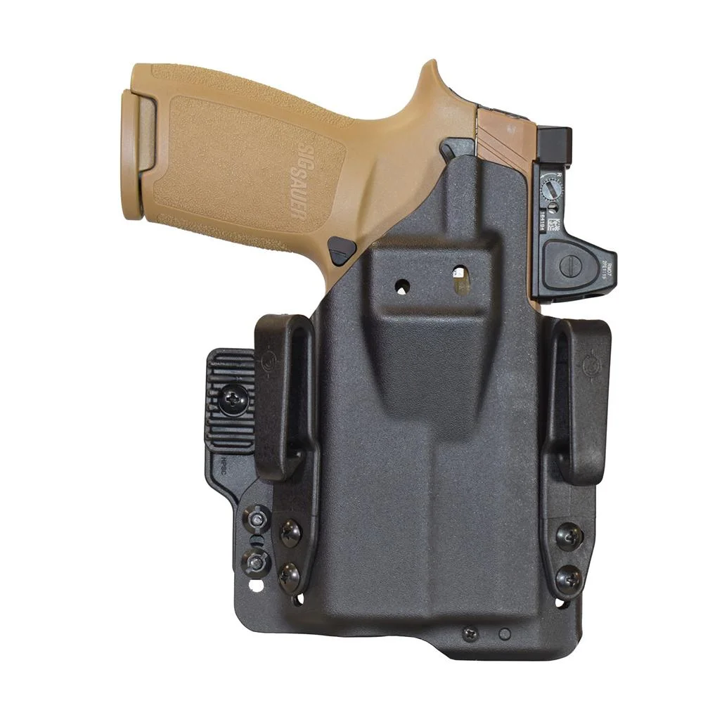 mission-first-tactical-iwb-holster-primary-1 Mission First Tactical Pro Series IWB P320 X Carry/M18 holster, black front view with clips