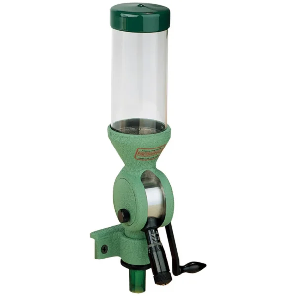 Redding Model 3 Powder Measure, green bench-mounted measure with clear hopper and crank