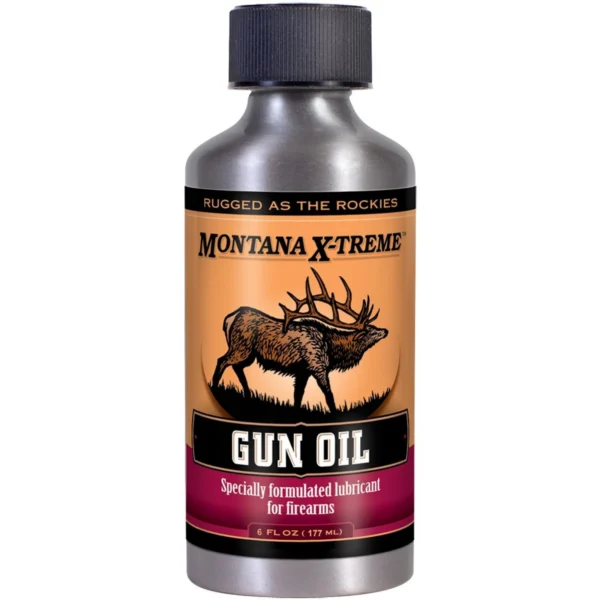 Montana X-Treme Gun Oil, silver bottle with black cap and orange elk label