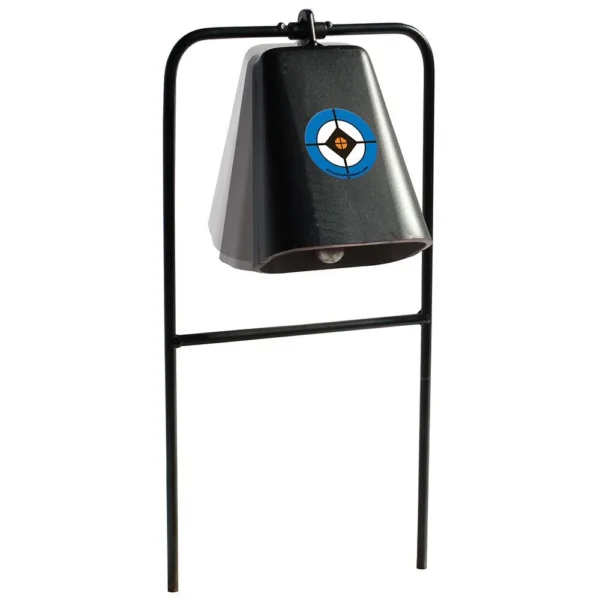 Do-All Outdoors More Cow Bell, black hanging bell target in rectangular steel frame, front view