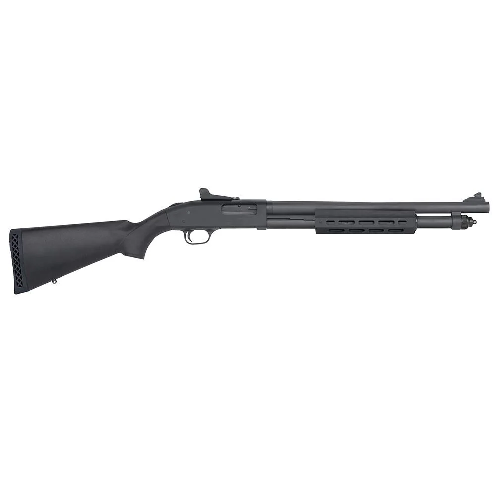 mossberg-590a1-12-ga-shotgun-7-shot-18-5-barrel-ghost-ring-sights-primary-1 Mossberg 590A1 shotgun, right-side view in black with stock, ribbed fore-end and ghost ring sights