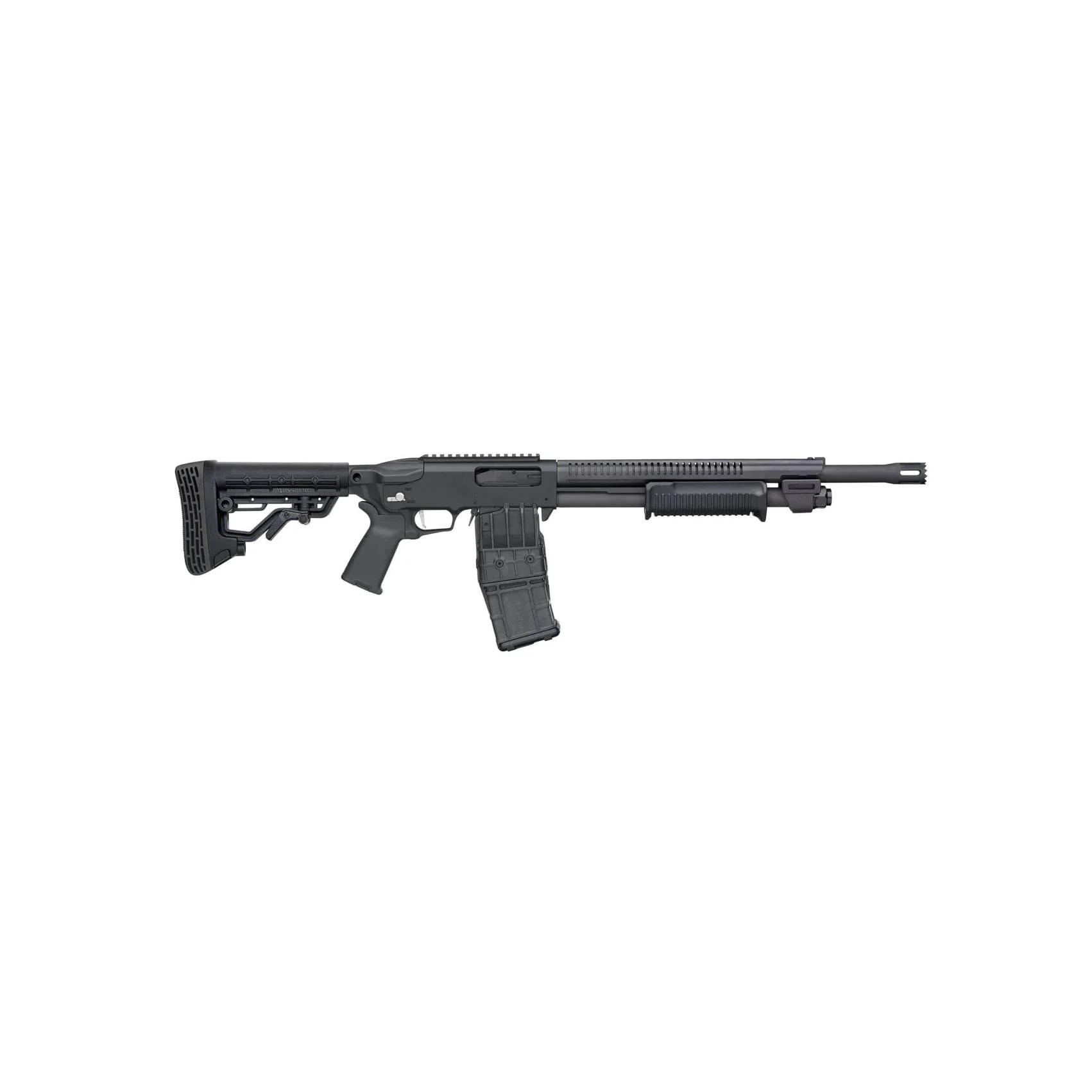 mossberg-590rm-mag-feed-shotgun-12ga-10rd-18-5-barrel-primary Mossberg MSBRG 590RM, black shotgun in right-side view with pistol grip and adjustable stock