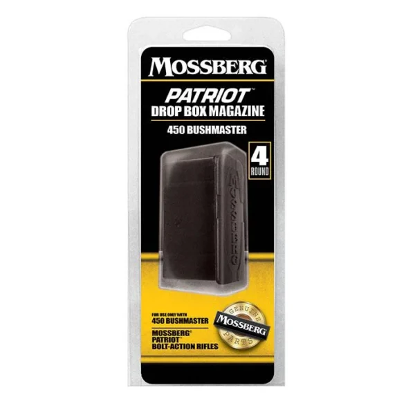 Mossberg Patriot Bolt Action Rifle Magazine, black magazine in front-view retail packaging
