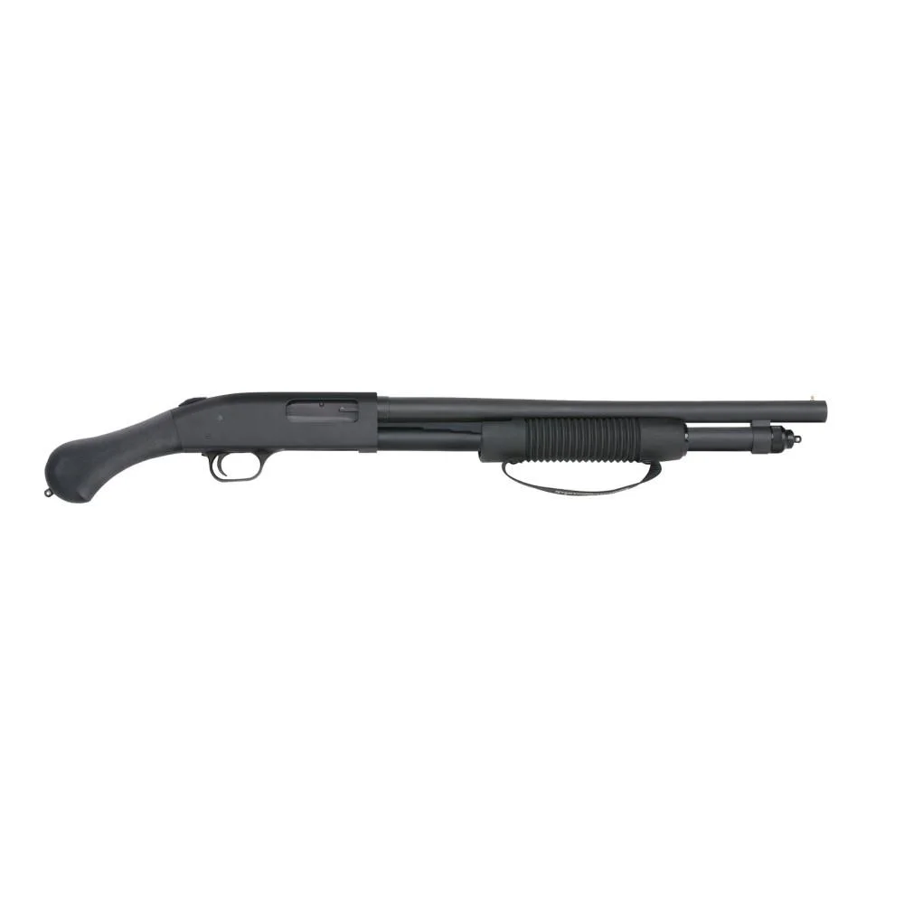 mossberg-shockwave-12ga-3-inch-chamber-7rd-primary-1 Mossberg MSBRG 590 SHOCKWAVE CA, right-side view in black with pistol grip and pump fore-end