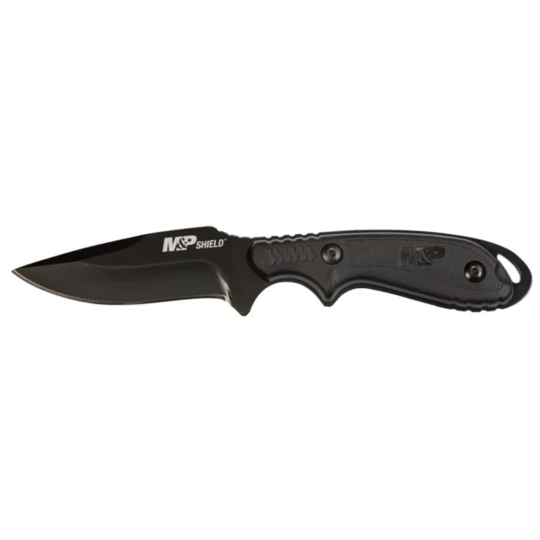 Smith & Wesson M&P Shield black fixed-blade knife in side view with finger-grooved handle