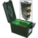 MTM AC11 Forest Green Ammo Can open with green trays and visible cartridges, front view