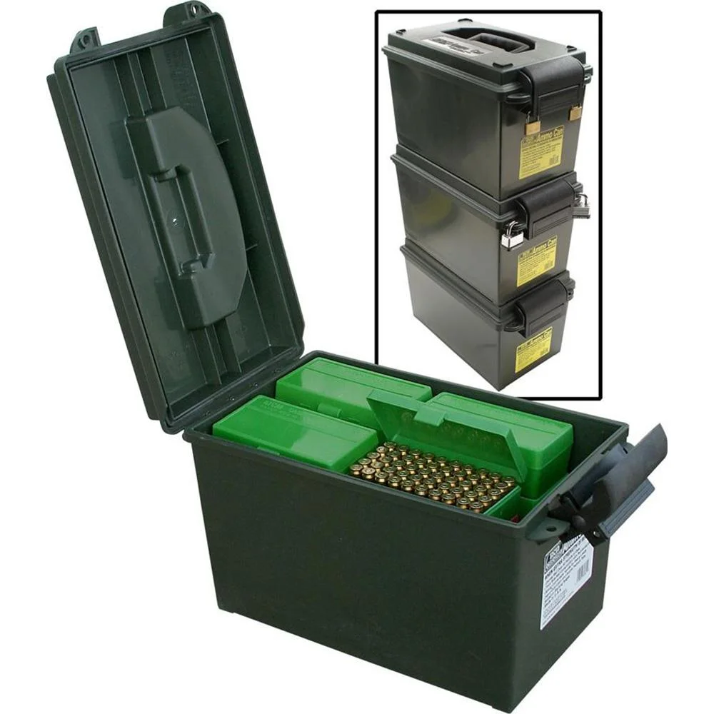 mtm-ac11-forest-green-ammo-can-primary-1 MTM AC11 Forest Green Ammo Can open with green trays and visible cartridges, front view