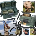 MTM Shotgun Hunter Box, green shell boxes with shoulder strap, cartridges and inset use views