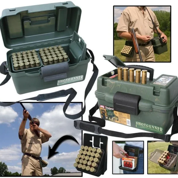 MTM Shotgun Hunter Box, green shell boxes with shoulder strap, cartridges and inset use views