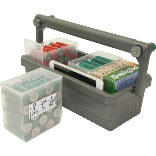 MTM Shotshell Box Caddy gray handled caddy with four clear ammunition boxes