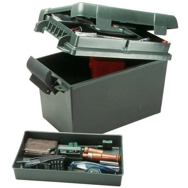 MTM Sportsmen's Plus Utility Dry Box, forest green open view with removable tray and gear