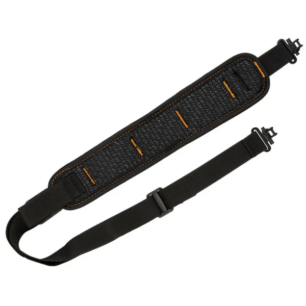 Gsm Muddy Overlander Flexible Comfort Rifle Sling, black top view with padded textured shoulder panel