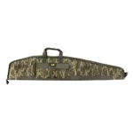 MUDDY RIFLE CASE, green Mossy Oak camo side view with black trim, handles and full-length zipper