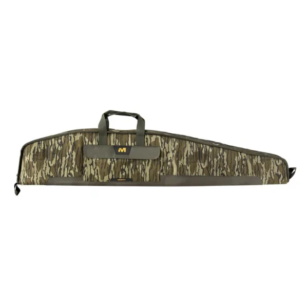 MUDDY RIFLE CASE, green Mossy Oak camo side view with black trim, handles and full-length zipper