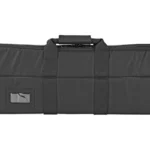 NCSTAR VISM GUN CASE 32X10 BLK, black side view with carry handles, straps and front pocket