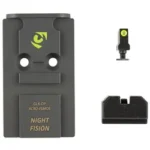 Night Fision ACRO plate and sights, top view of black mounting plate, front sight and rear sight
