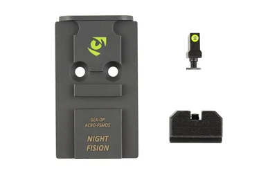 Night Fision ACRO plate and sights, top view of black mounting plate, front sight and rear sight
